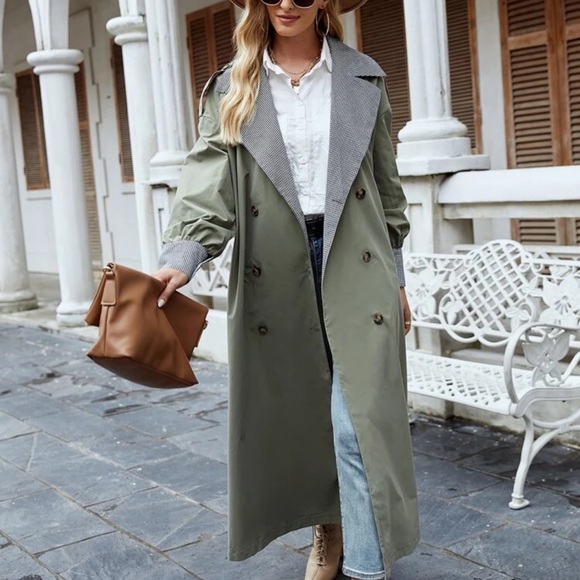 Green plaid trench coat long belted jacket button - Picture 2 of 5